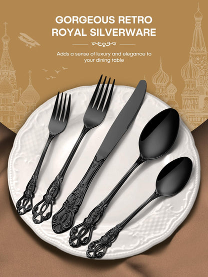 Stapava 30 Pcs Black Silverware Set, Gorgeous Retro Royal Silverware Set for 6, Stainless Steel Mirror Flatware Cutlery Set, Include Forks Spoons and Knives set, Dishwasher Safe Utensils