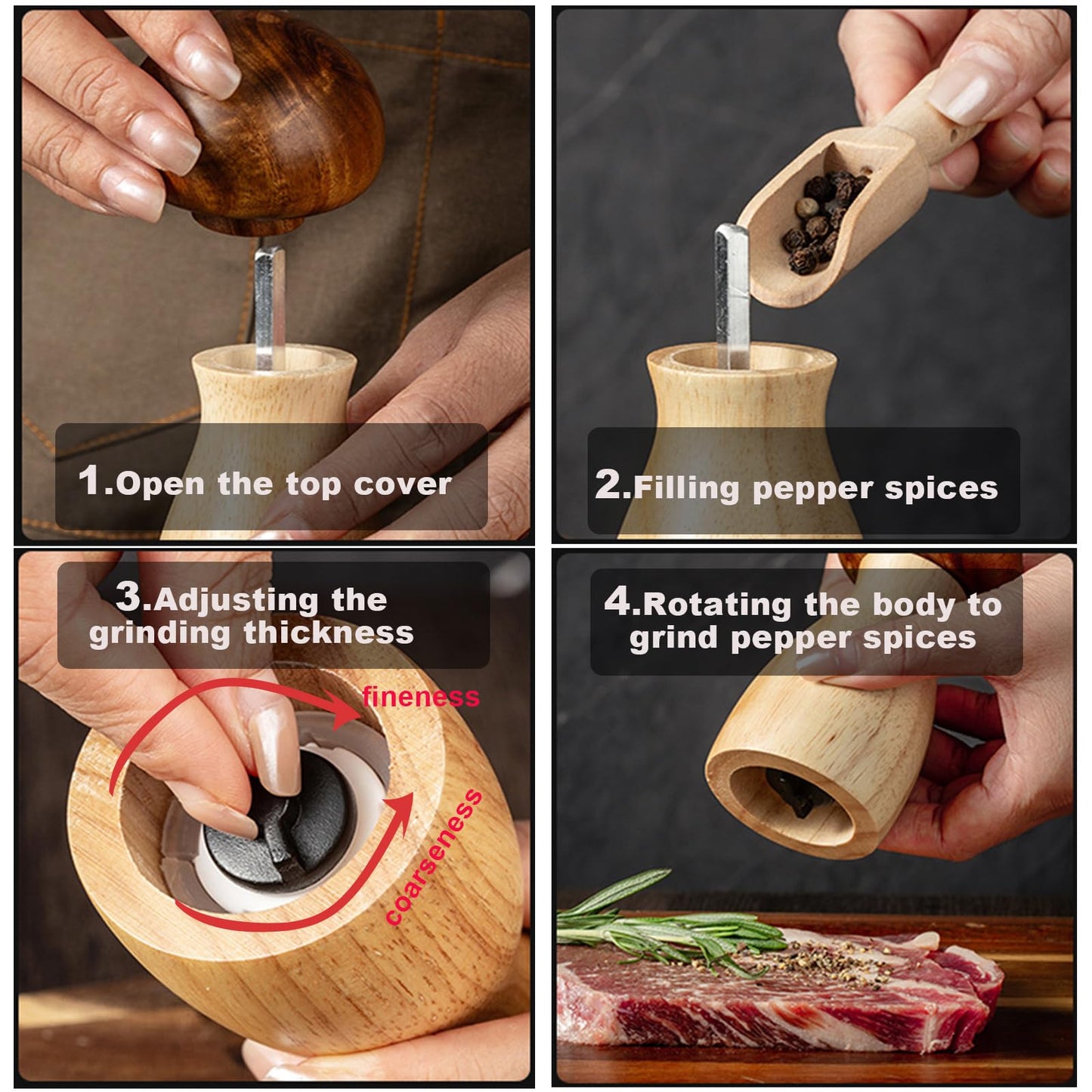 Wooden Salt and Pepper Grinder Set 2 Pack, Manual Pepper Mill Grinder Set, Adjustable Ceramic Pepper Mill, Wood Salt and Pepper Shakers Set - 4.8 Inches
