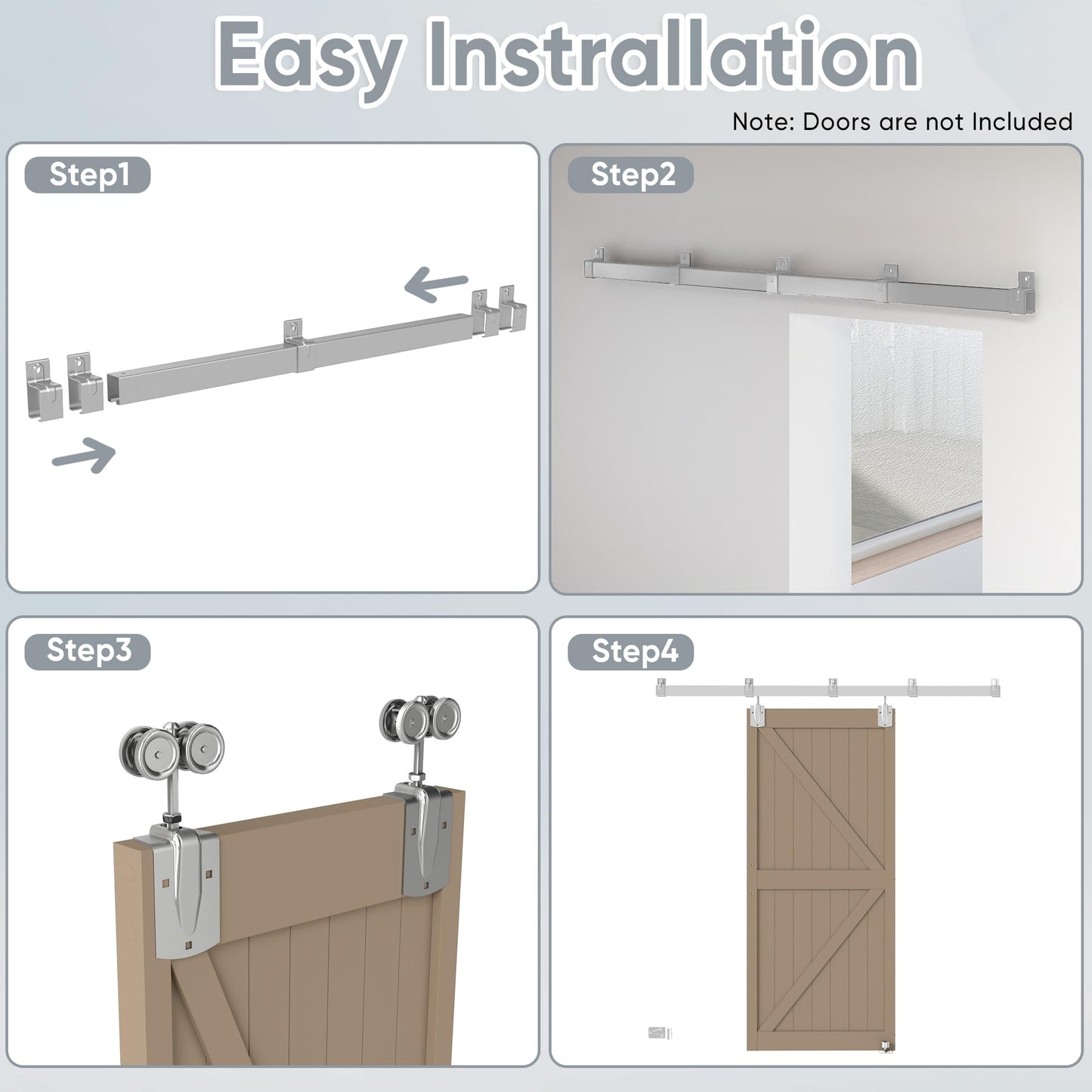 JUBEST 16FT Box Rail Exterior Barn Door Hardware Kit, Heavy Duty Sliding Door Track Kit Wall Mount Door Hardware Kit for Two Doors System(Doors Not Included), Silver