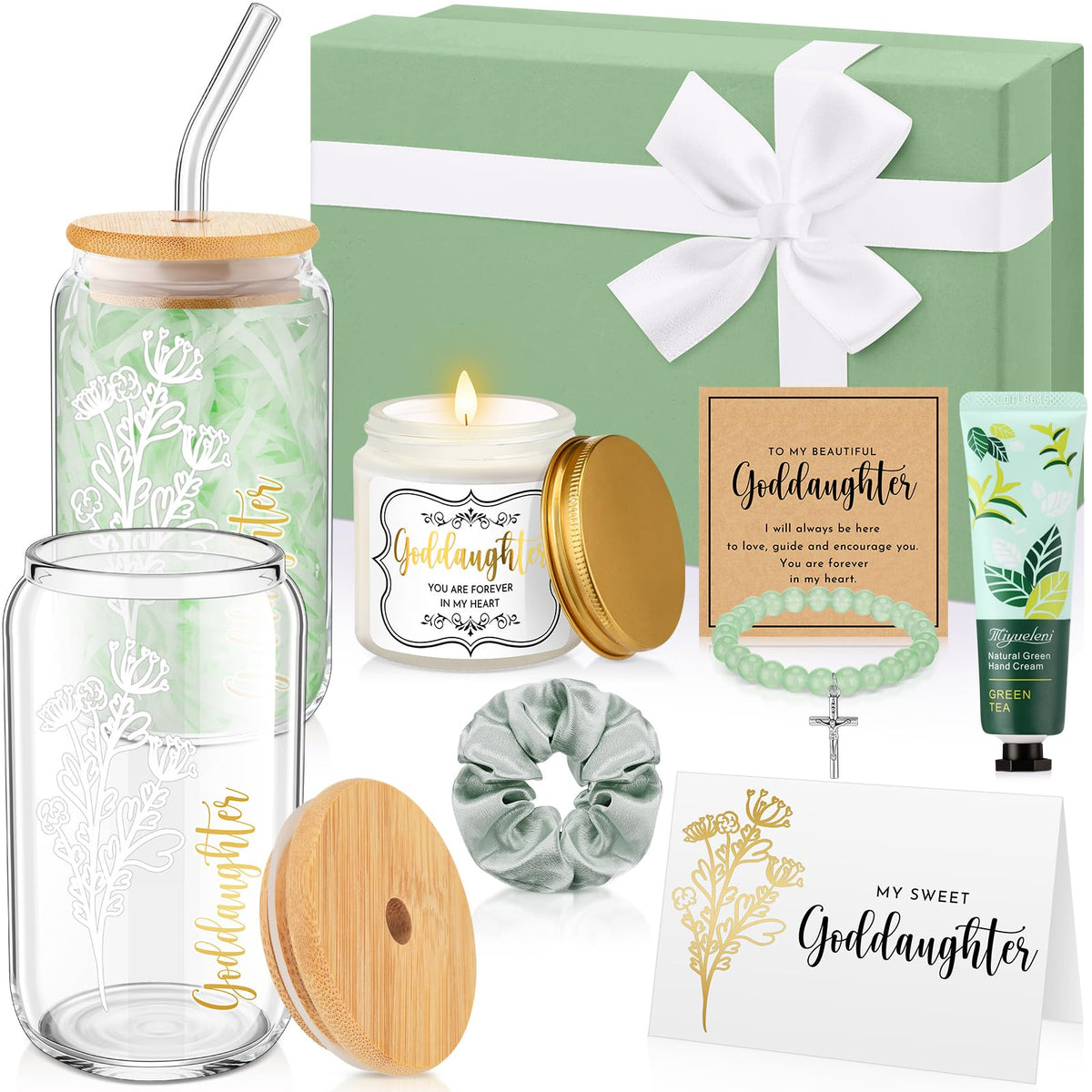 Teenyyou 9 Pcs Goddaughter Gifts from Godmother Glass Cup Bracelet Scented Candle Cream Hair Scrunchies Card Gift Box Set for Goddaughter Baptism(Sage Green)