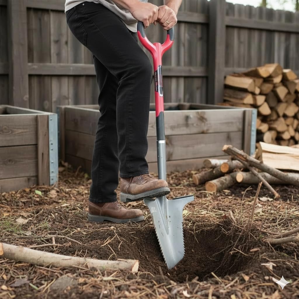 Root Slayer 22011 Garden Shovel with Serrated Blade for Digging and Root Cutting, Heavy Duty Steel Spade, Red
