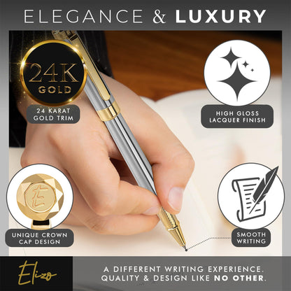 ELIZO Leather Portfolio & Rollerball Pen Bundle – Professional Padfolio Organizer with Antique Letter Strap & 24K Gold Trim Executive Pen, Schmidt Ink Business Writing Set