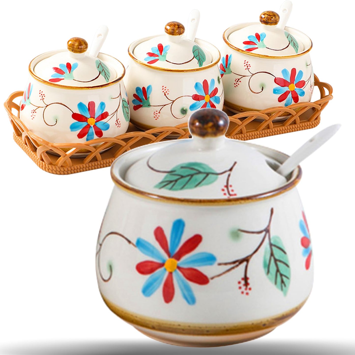 Orkim Kitchen Ceramic Condiment Jars with Lids and Spoons, 3 Piece Porcelain Seasoning Jar Set for Salt Spice Pepper Suger Bowl, Coffee Tea Container Pot with Serving Tray - Blue Flower
