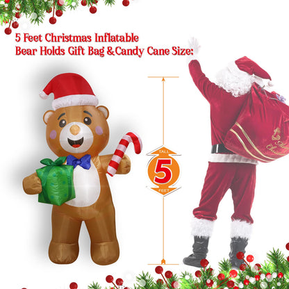 Christmas Inflatables Bear Gift Box Candy Cane Lighted Yard Lawn Inflatable Decoration with Built-in Fan and Stakes Ropes Holiday Party Decor, Christmas Decor (5FT-Bear Holds Giftbox & Candy Cane)