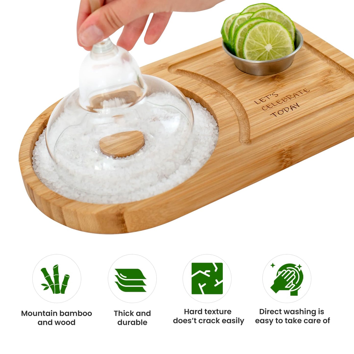 Margarita Salt Rimmer Set for up to 6" Rims - Bamboo 'Let's Celebrate Today' Wood Margarita Rimmer Set w/Bowl & Room for Margarita Accessories- Margarita Sugar Rimmer for Cocktails