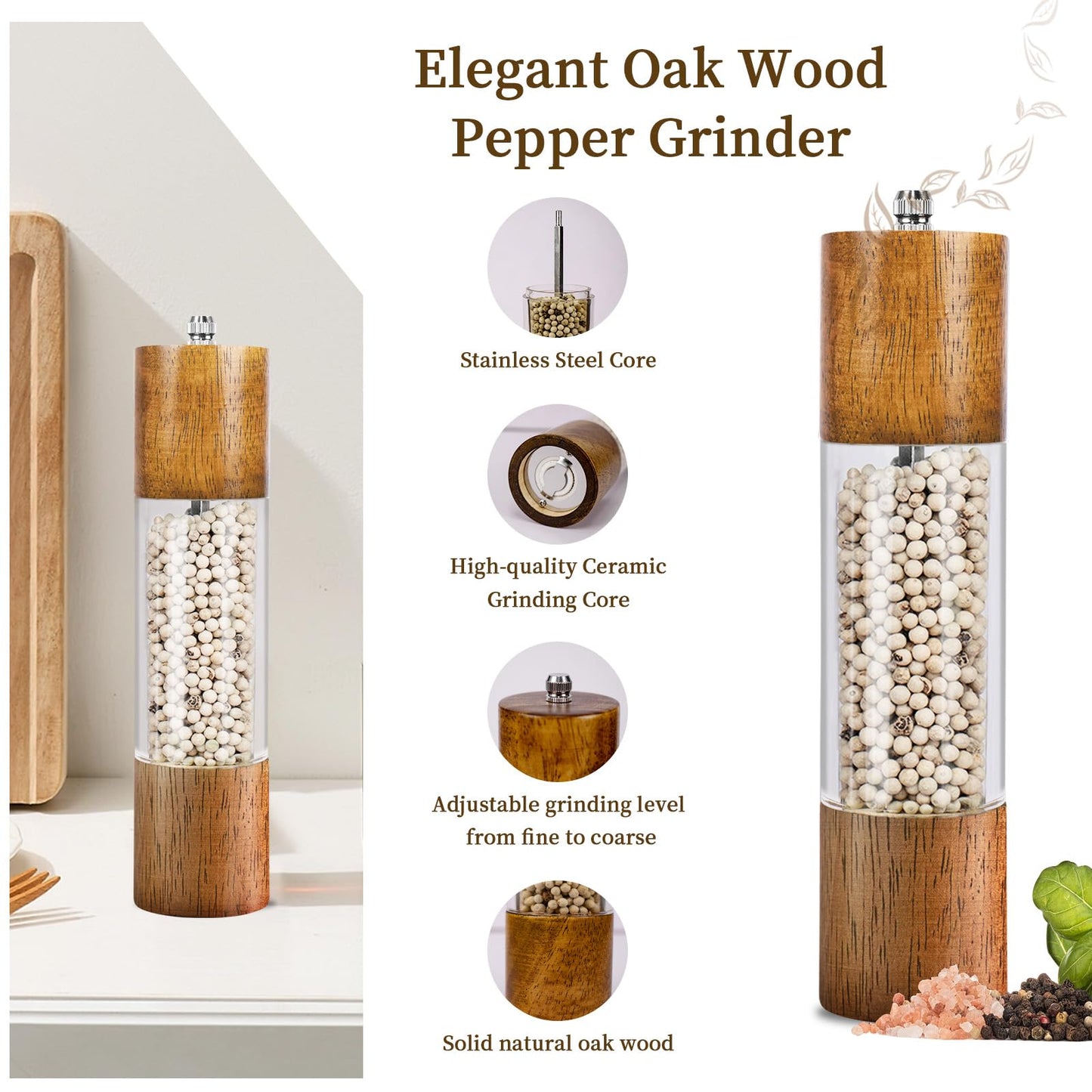 Haomacro 2 Pack Salt and Pepper Grinder Set, Premium Acrylic Salt and Pepper Mills - Manual Oak Wooden Shakers with Adjustable Ceramic Core-8 Inches