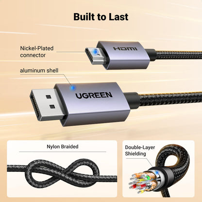 UGREEN 4K Displayport to HDMI Cable 6.6FT Uni-Directional Braided DP to HDMI Lead Aluminium Male to Male Multi-Screen Gaming Compatible with Monitor, Projector, HDTV, Dell Laptop, HP, AMD, NVIDIA (2M)