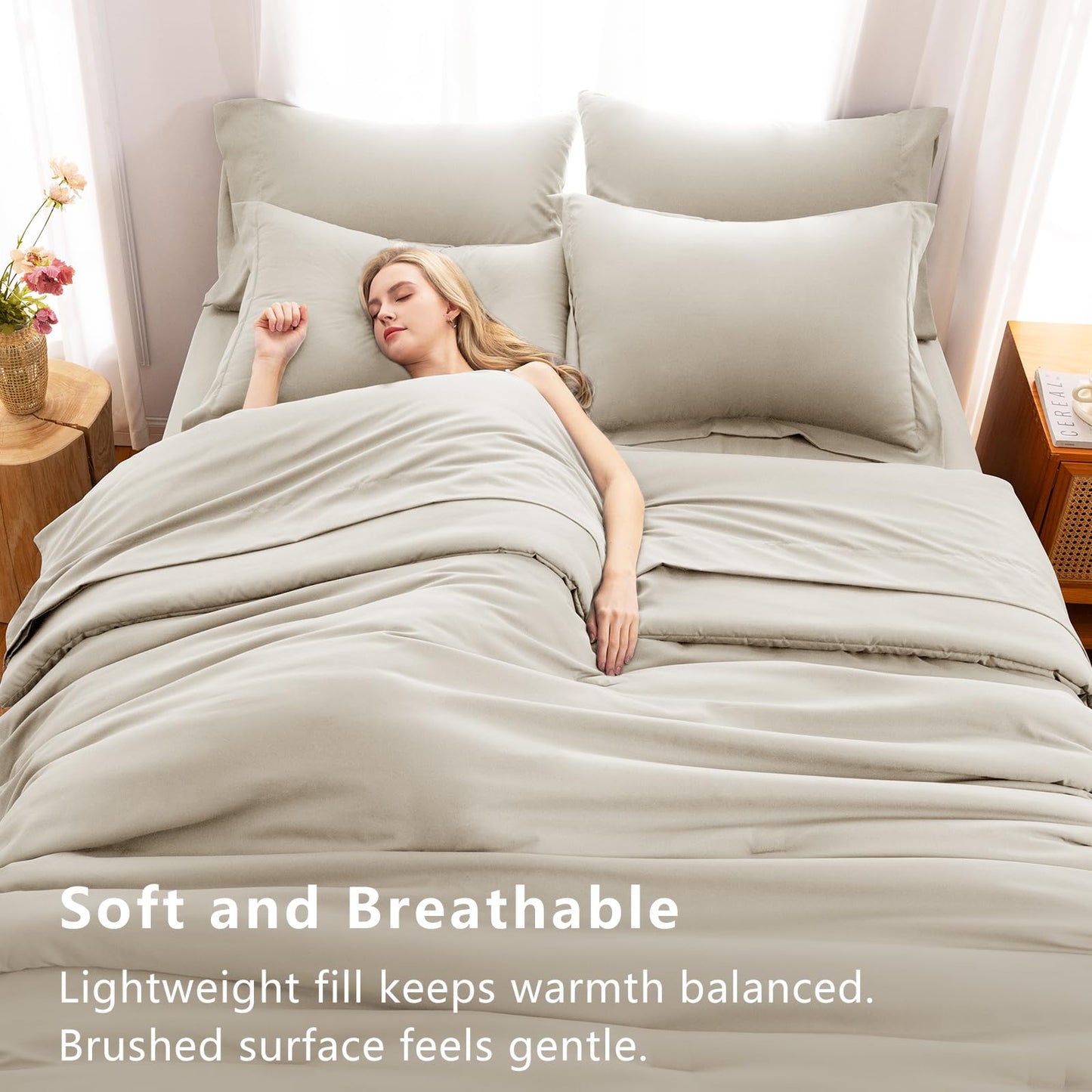 CozyLux King Size Comforter Set Beige, 7 Pieces Bed in a Bag King Comforter Set with Sheets, Luxury Soft Bedding Sets with Down Alternative Comforter, Fitted Sheet, Flat Sheet, Pillowcases & Shams