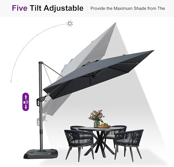 PURPLE LEAF 9'×9' Patio Umbrella with Base Outdoor Cantilever Umbrella with Cover Aluminum Square Offset Umbrella with 360-degree Rotation for Deck Pool Garden Grey