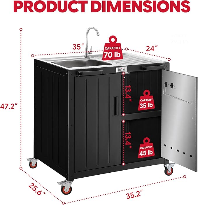 Outdoor Kitchen Island with Stainless Steel Sink and Storage Cabinet, 35-Inch BBQ Prep Station with Faucet & Lockable Wheels for Patio, Backyard, and Outdoor Cooking, Black & Silver