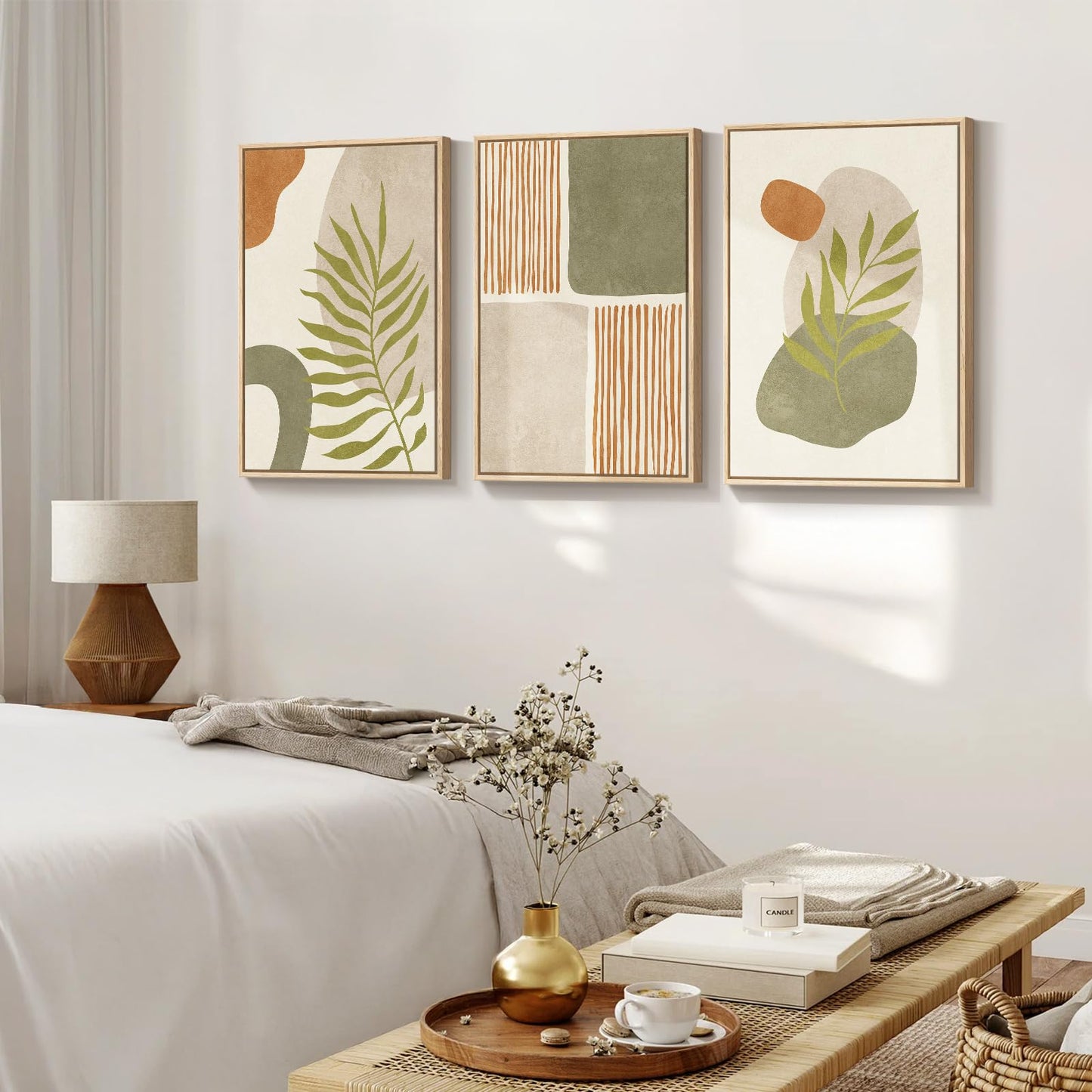 Framed Boho Sage Green Wall Art for Living Room, Large Mid Century Modern Tropical Leaf Canvas Artwork for Walls, 3 Piece Beige Orange Bohemian Wall Art Prints for Bedroom Kitchen Hallway, 16x24 Inch