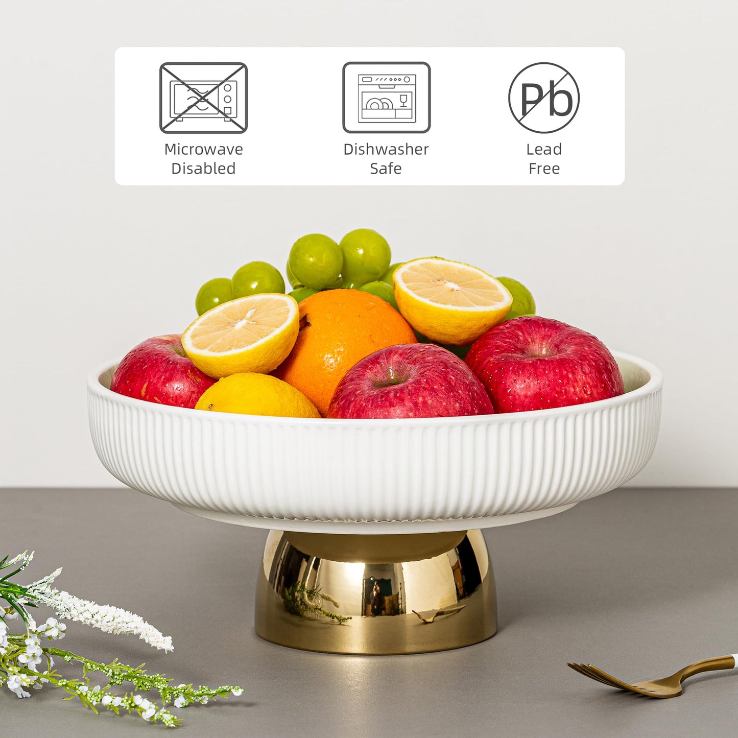 CCATSIX Ceramic Fruit Bowl,11-Inch Large Decorative Bowls,White Pedestal Tray and Gold Base, Fruit Bowl for Kitchen Counter, Bread and Fruit Trays,Salad or Dessert Display Trays for Parties. (XL)