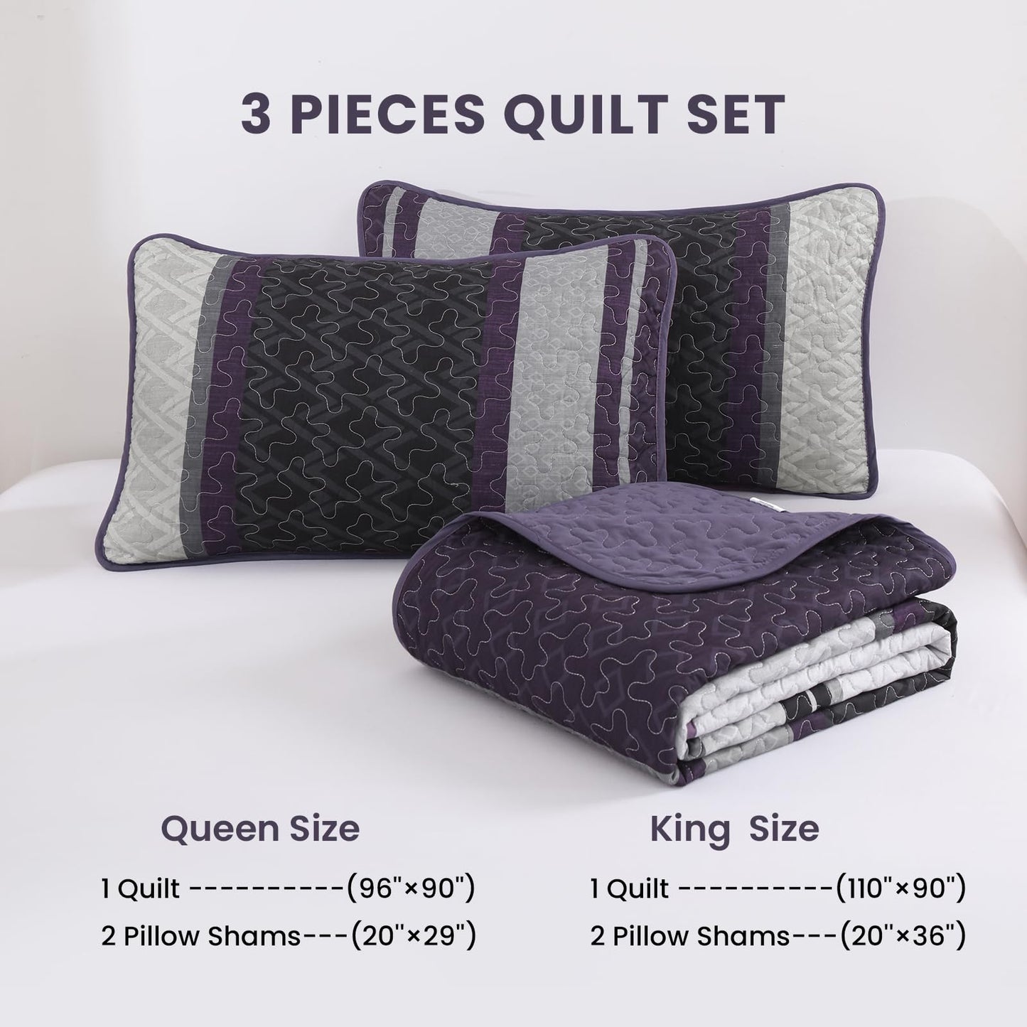 Dinjoy Queen Quilt Set Purple,Striped Bedspread Queen Size, Fall Bedding Sets 3 Pieces Micofiber Lightweight Quilts with 2 Pillow Shams Coverlet Bed Sets for Women Men 96''x90''