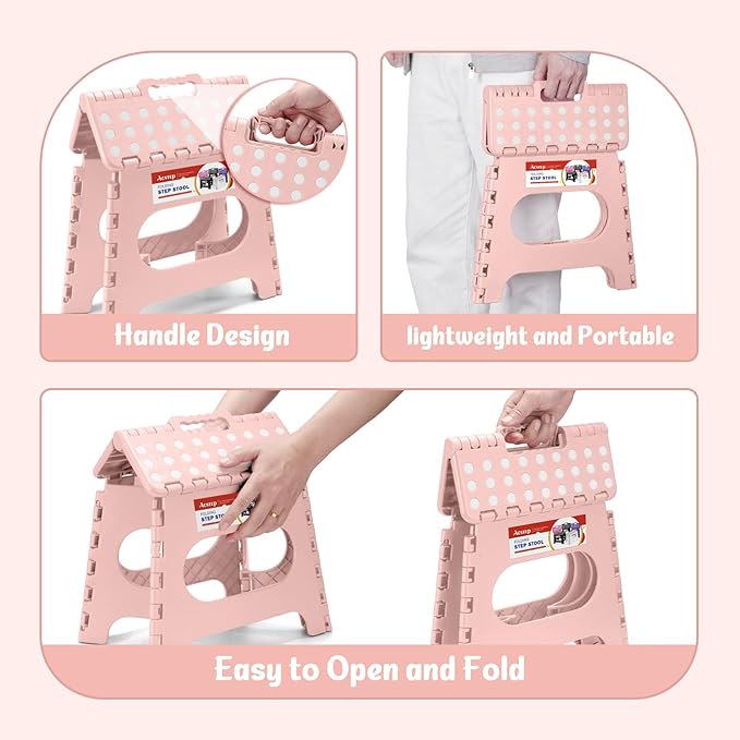 ACSTEP Folding Step Stool 11 Inch, Sturdy Plastic Foldable Step Stool for Kids & Adults, Non Slip Lightweight Collapsible Foot Stools Holds 300 lbs, Ideal for Kitchen, Bathroom, Bedroom, Light Pink