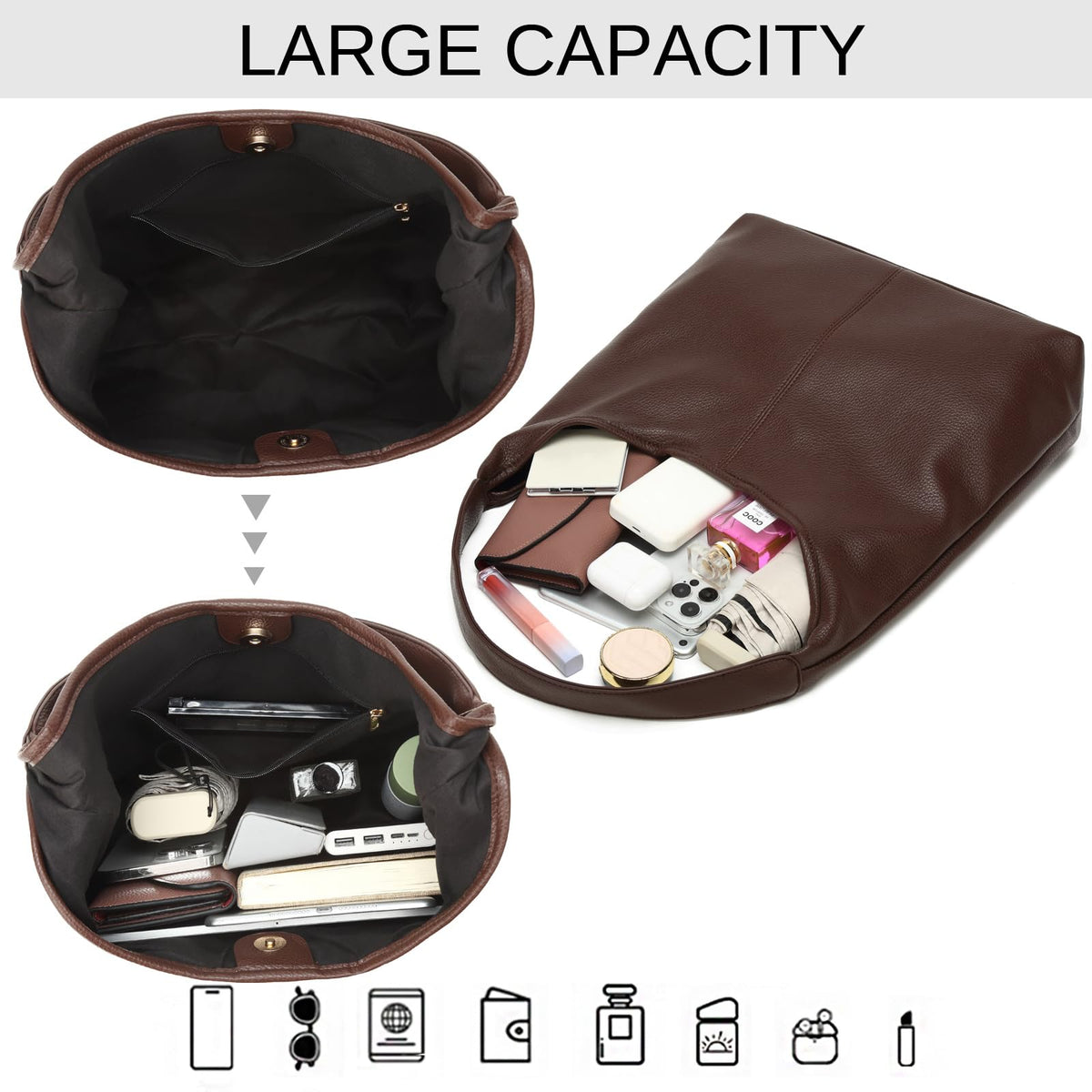 Casual Hobo Bag for Women Soft Shoulder Bags Slouchy Pu Leather Tote Purses for Work Travel