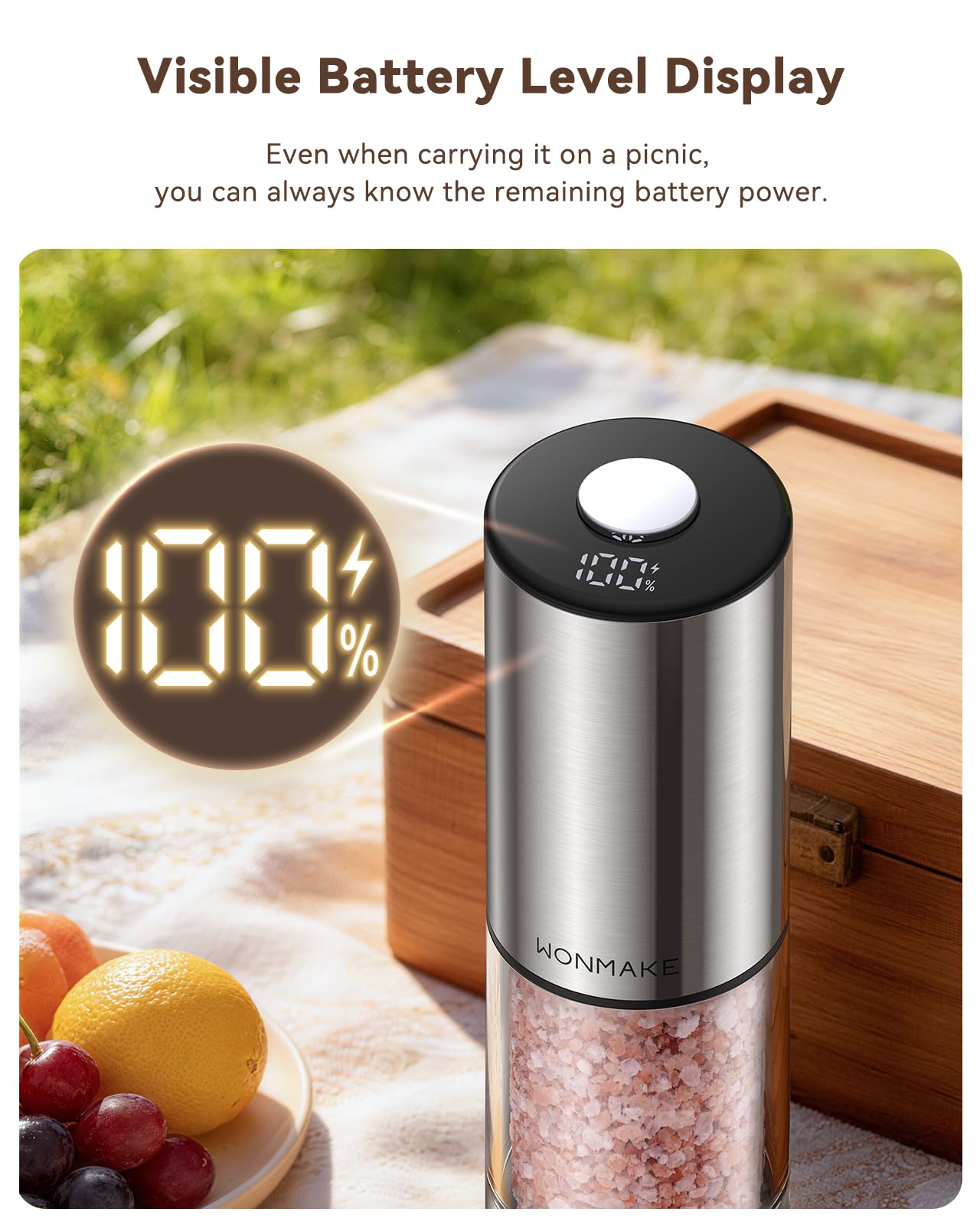 Electric Salt and Pepper Grinder Set, Stainless Steel Salt and Pepper Shakers with Storage Base, Type-C Rechargeable with Power Display, 5 External Coarseness Levels for Easy One-Hand Operation