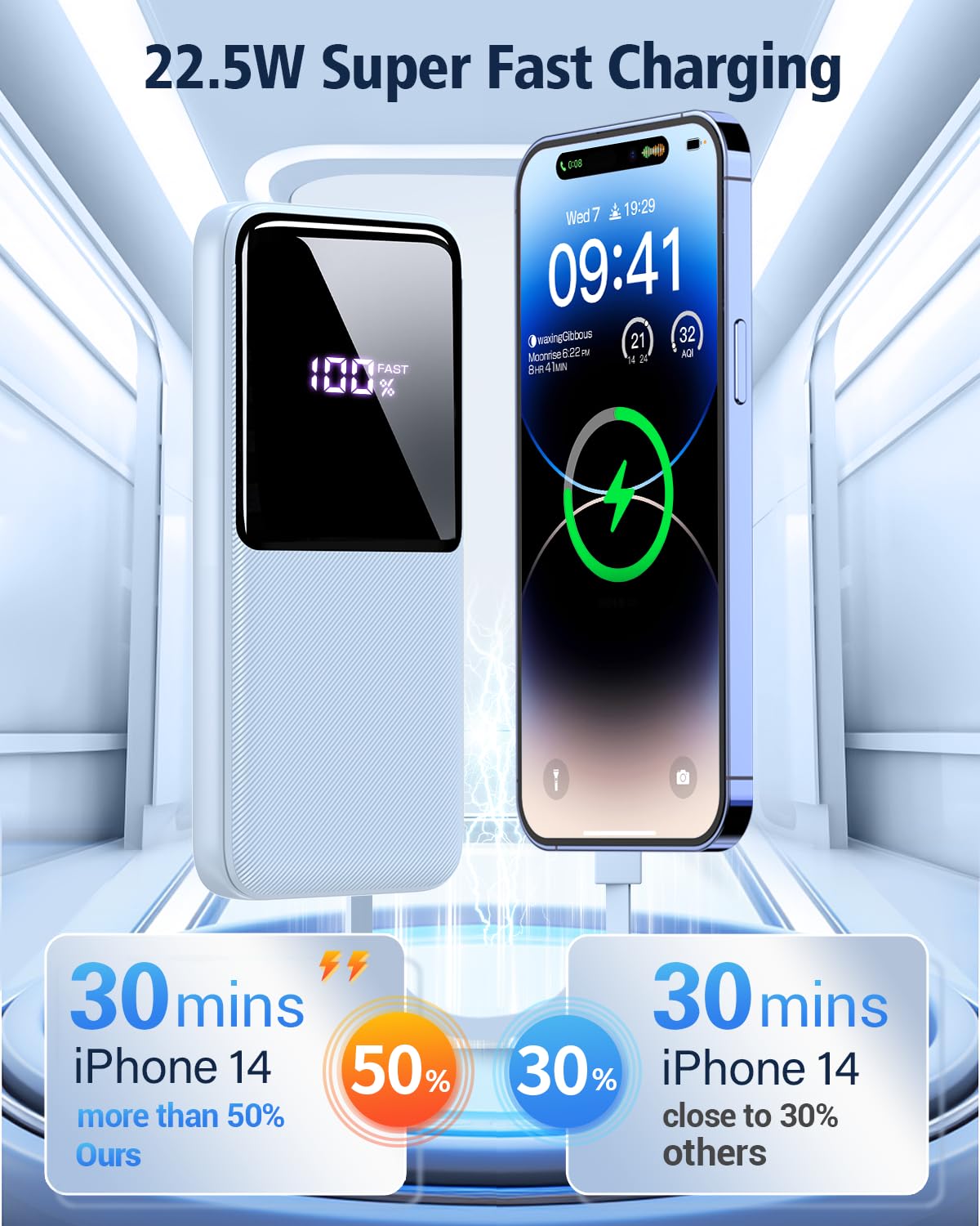 Portable Charger Power Bank - 15000mAh Fast Charging Powerbank Travel Camping Essential Battery Pack with Built in 22.5W Output Cable Compatible with iPhone 17 16 15 14 13 Samsung Google iPad, 1 Pack