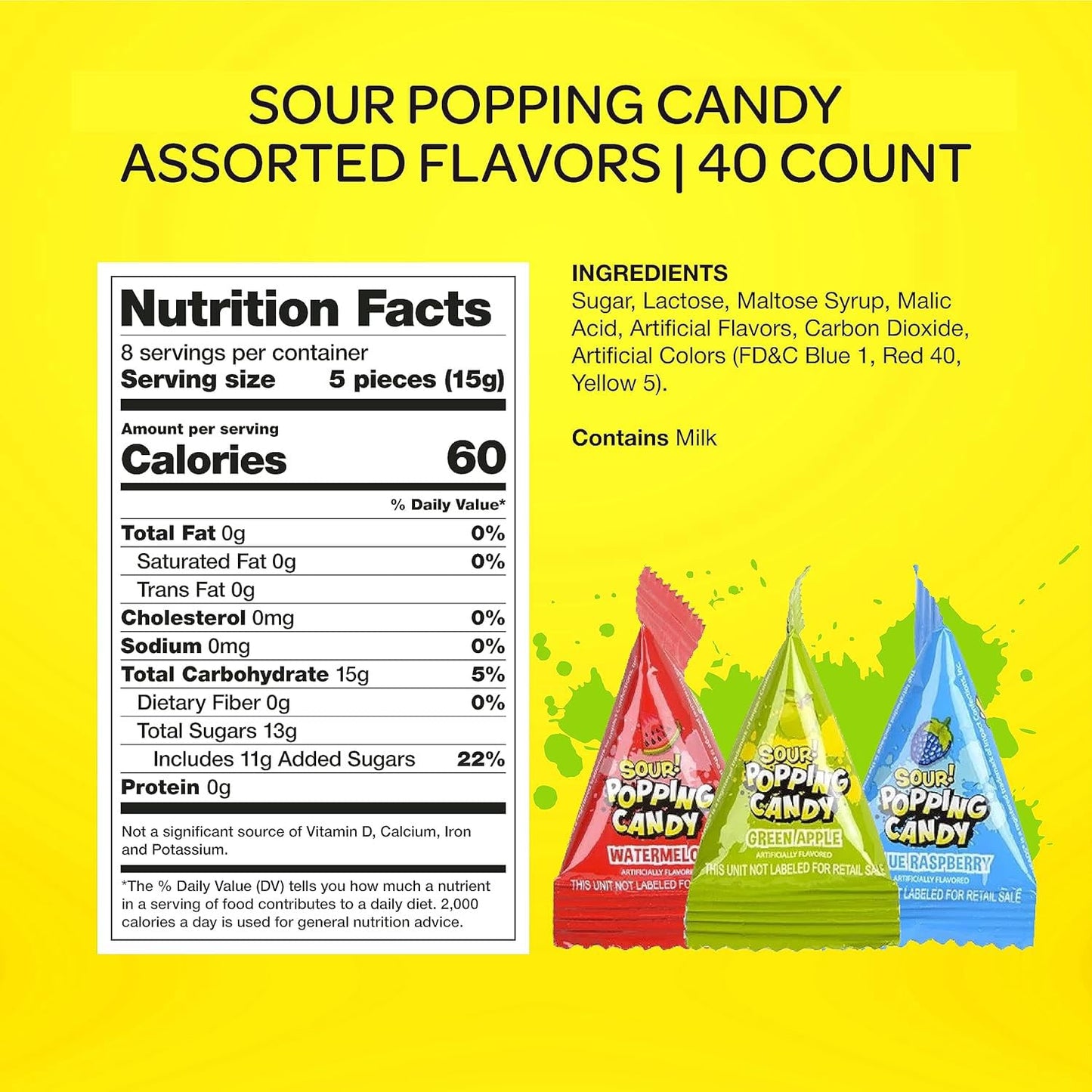 Sour Popping Rocks - 40 Count Bag - Sour Popping Halloween Candy Individually Wrapped - Assorted Fruit Flavors - Triangle Pouches - Blue Raspberry, Watermelon, Green Apple