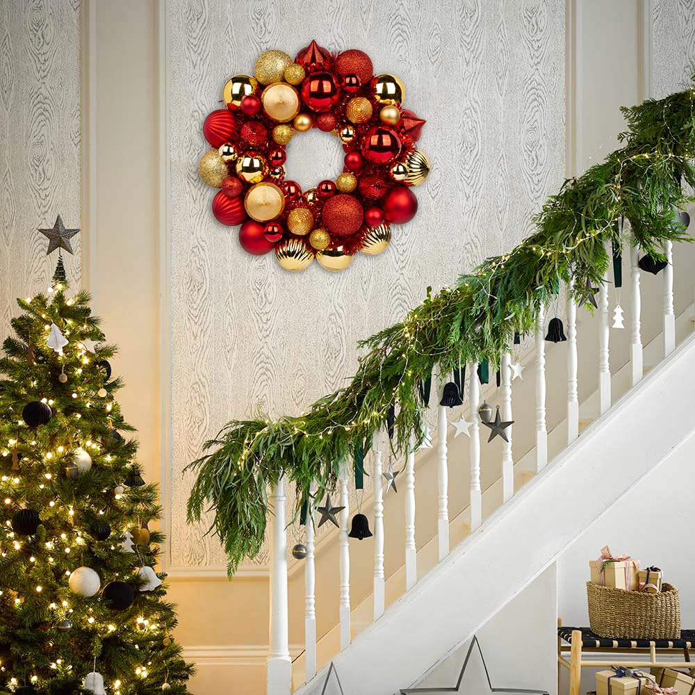 Christmas Ball Wreath 13" Xmas Wreaths Ornaments Glitter Thicken Shatterproof Garland Decoration for Door Wall Mantel Holiday Party Decor, Gold & Red