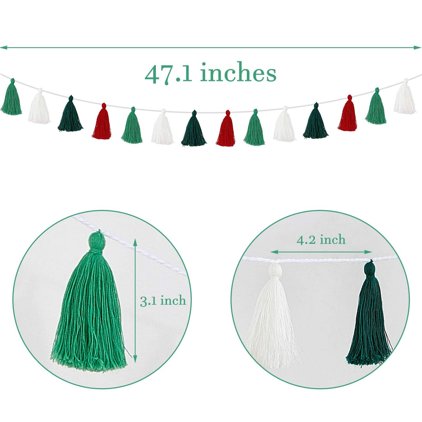 WILLBOND 4 Pieces Christmas Tassel Garland for Classroom Wall Decor Boho Pastel Garland Cotton Tassel Banners for Christmas Party School(3.1 Inch,Red, White, Light Green, Dark Green)