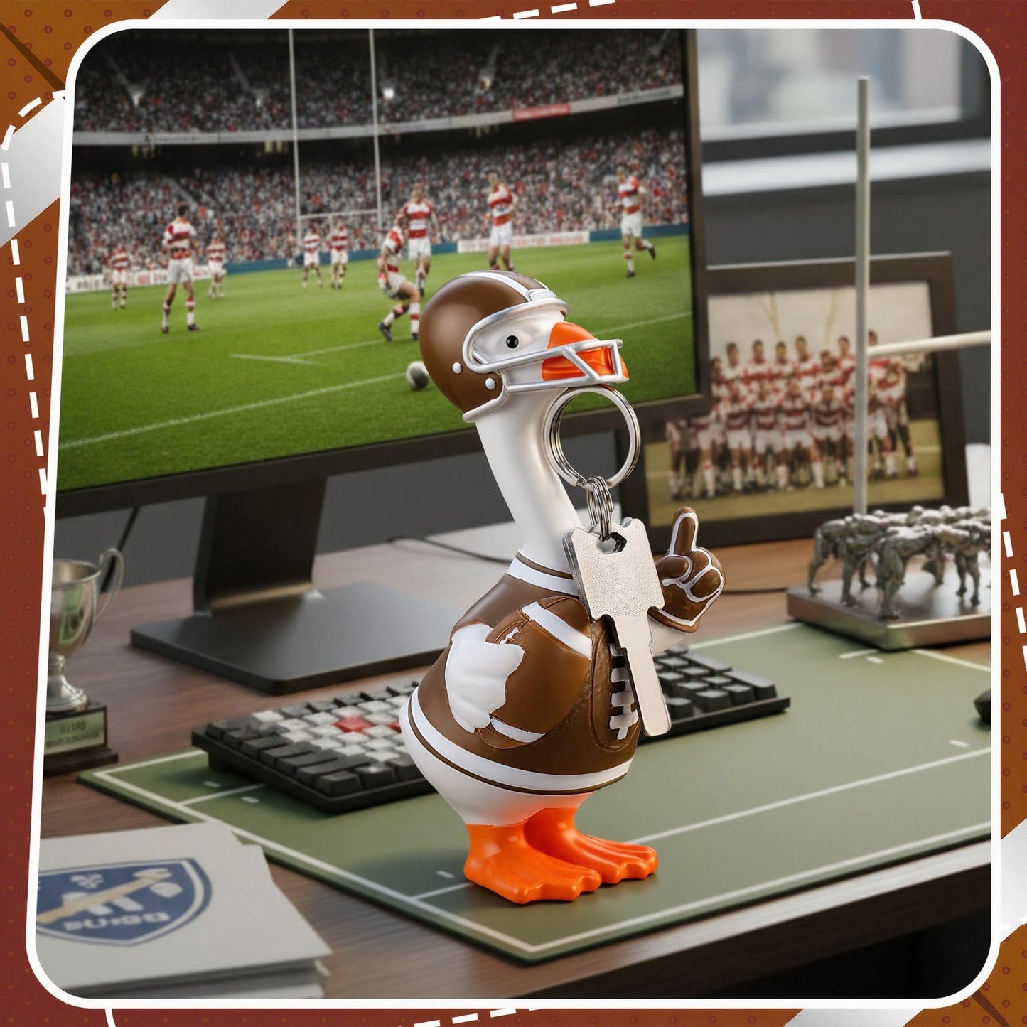Bucherry Football Magnetic Goose Key Holder 6 Inch Resin Goose Figurine Football Player Helmet Design with Strong Magnet Beak Office Desktop Key Organizer Entryway Table Decoration Sports Gift