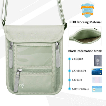 WALNEW Passport Holder Neck Pouch Travel Wallet for Women and Men, RFID Blocking Security Slim Traveling Wallet with Around Neck Lanyard Strap, Light Green