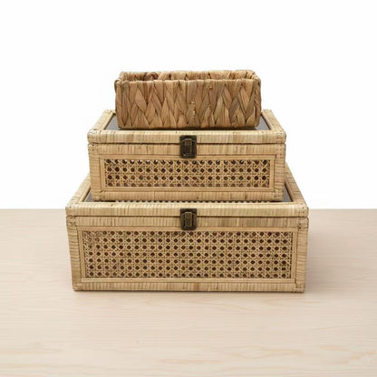 OSMall Decorative Box,Rattan Display Boxes with Lids,Set of 3-Rectangular Decorative Storage Box Set,Natural Woven Storage Bins for Home Decor