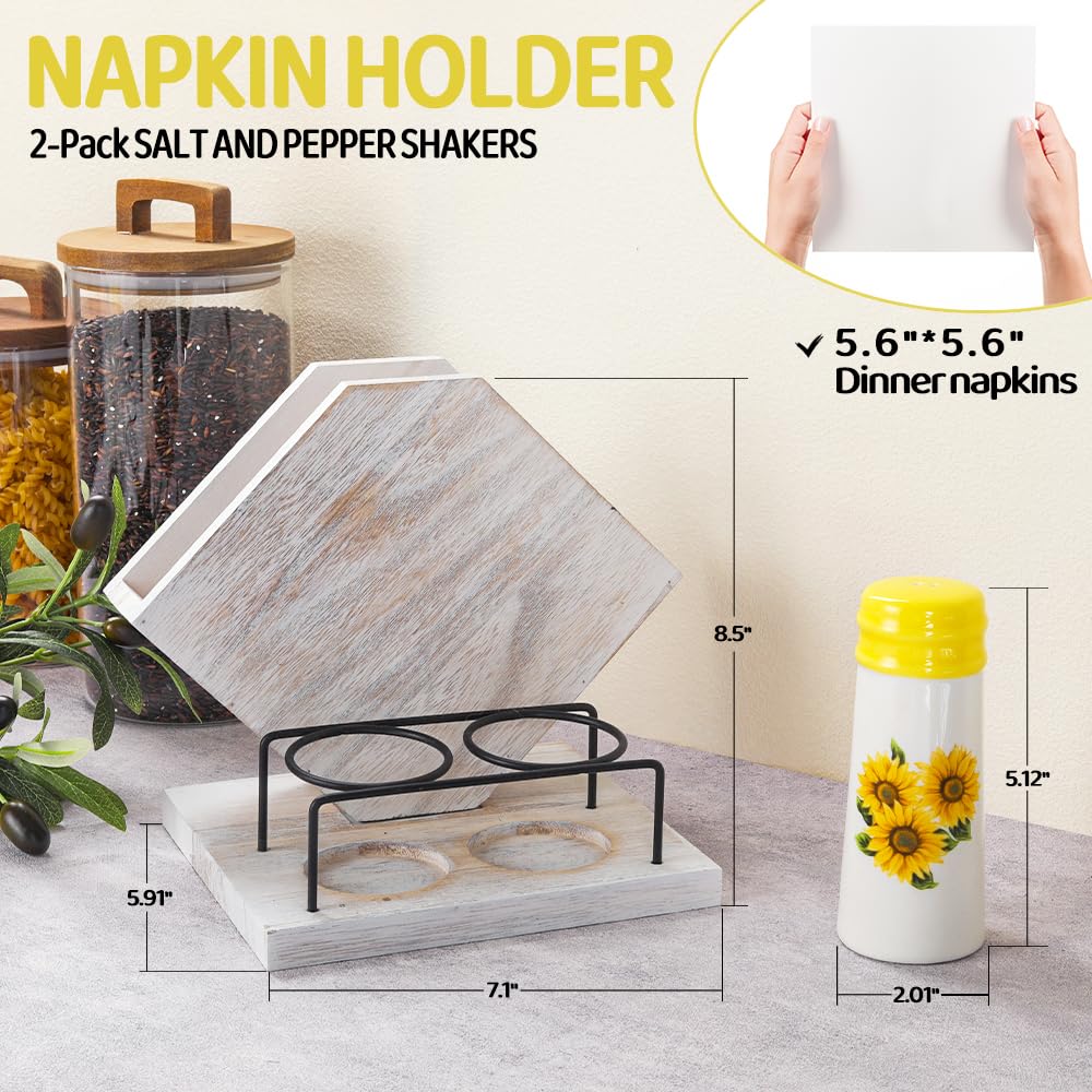 Rustic Farmhouse Napkin Holder Set - Natural Wood Kitchen Organizer with Sunflower 2 Salt & Pepper Shakers for Countryside Dining & Minimalist Home Decor (Gift Ready)