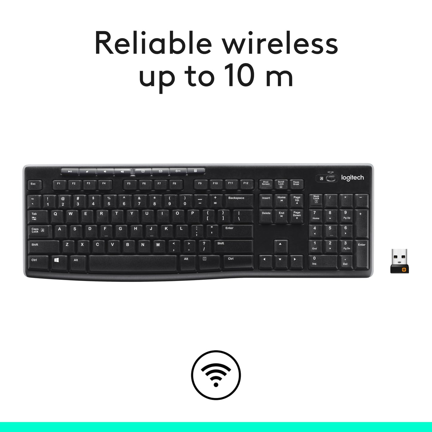 Logitech K270 Wireless Keyboard for Windows, 2.4 GHz Wireless, Full-Size, Number Pad, 8 Multimedia Keys, 2-Year Battery Life, Compatible with PC, Laptop, QWERTY UK English Layout - Black