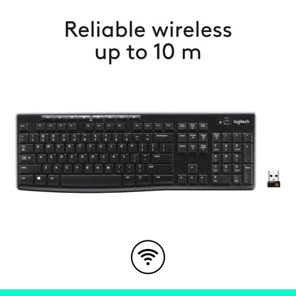 Logitech K270 Wireless Keyboard for Windows, 2.4 GHz Wireless, Full-Size, Number Pad, 8 Multimedia Keys, 2-Year Battery Life, Compatible with PC, Laptop, QWERTY UK English Layout - Black
