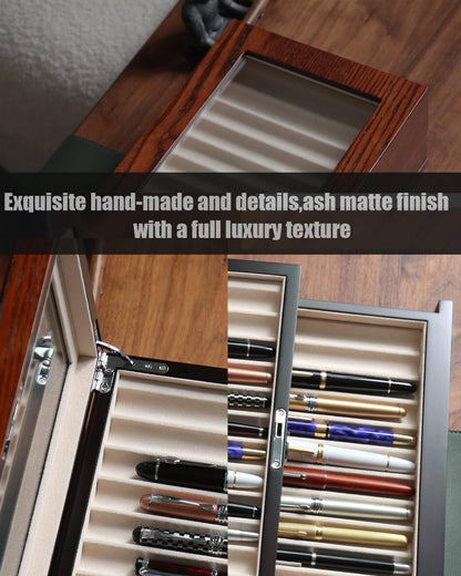Bonaking Pen Display Case with 36 Pen Slots, Fountain Pen Case, Wood Pen Storage Organizer, Pen Box Display for Men Gift, Pen Collector with Glass Window(Brown ash Veneer Finish, Creamy-White Velvet)