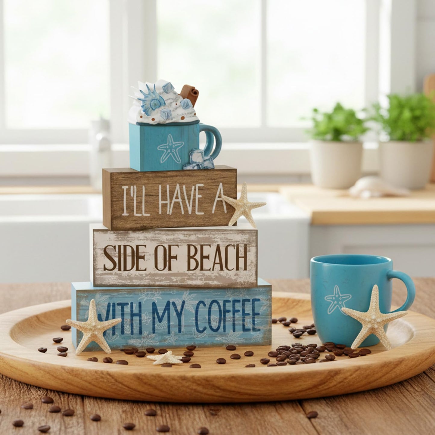 Lineshading 4 Pcs Summer Table Decorations Beach Coffee Bar Wooden Block Sign Blue Rustic Coastal Tiered Tray Decor with Coffee Cup Summer Centerpieces Decor for Beach Nautical Party Office Home