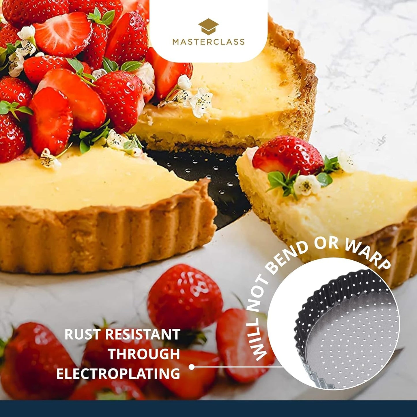 MasterClass KCMCCB39 Crusty Bake 20 cm Perforated Quiche Tin with PFOA Non Stick and Loose Bottom, Fluted, Robust 1 mm Carbon Steel, Grey