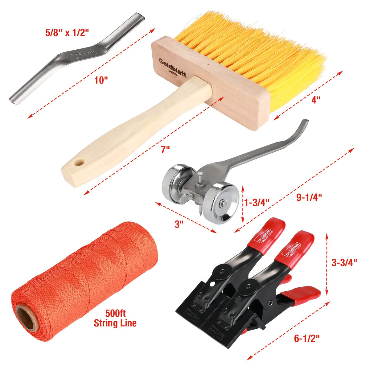 Goldblatt 12PC Masonry Hand Tool Set Organized in Tool Bag - Philadelphia/Pointing/Margin/Tuck Pointing Trowel, Skate Wheel Joint Raker, Convex Brick Jointer, String Line & Jag-clamp, Masonry Brush