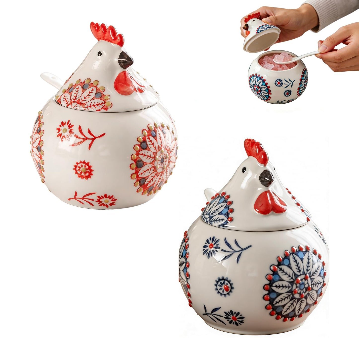HPZIHYNAP 2 PCS,Ceramic Salt Cellar With Lid and Spoon,13-ounce Chicken Salt Shaker,Perfect for Kitchen Decor,Countertop Spice Rack (Red + Blue)