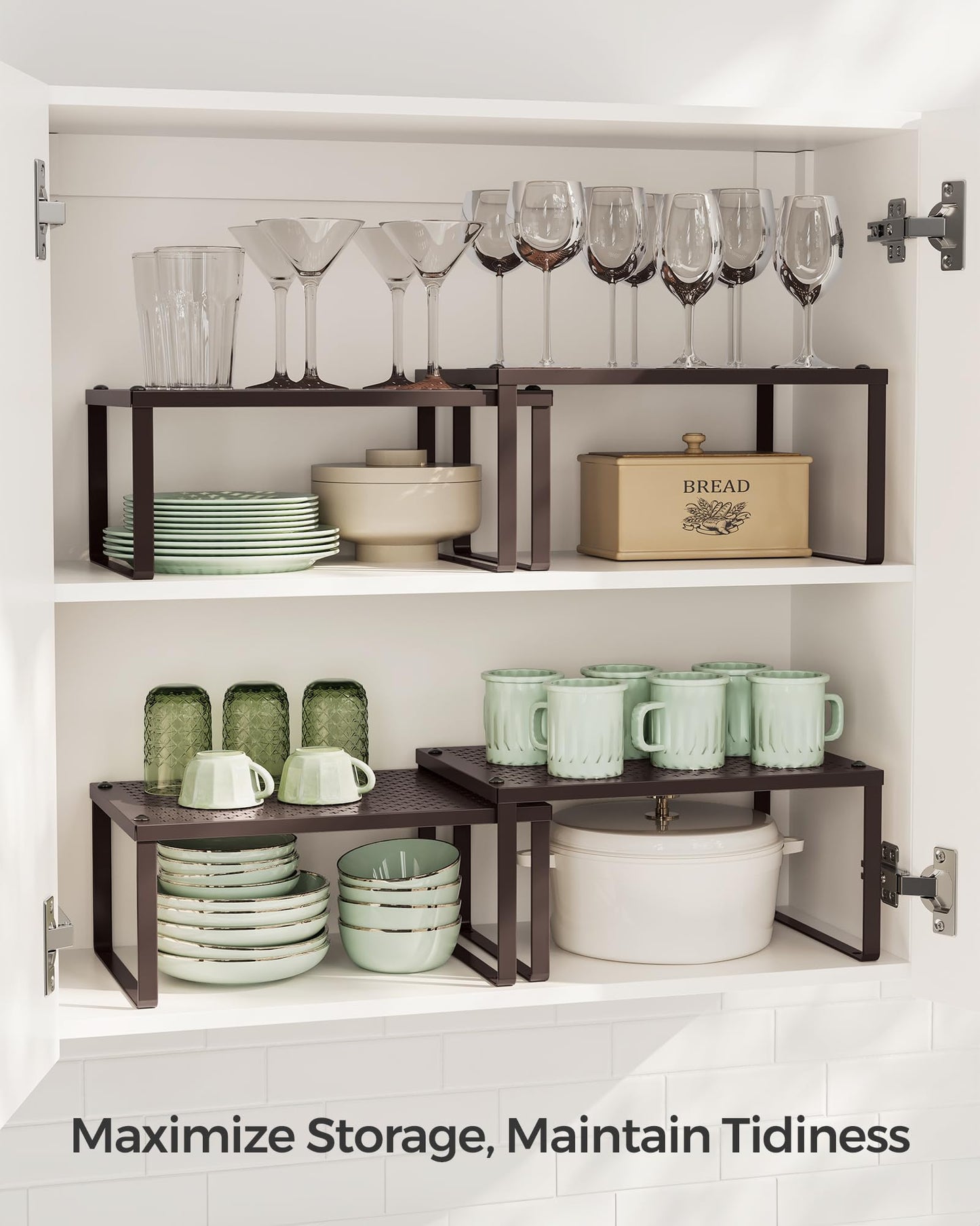 SONGMICS Spice Racks, Set of 2 Metal Cabinet Shelf Organizers, Countertop Organizers, Shelf Risers, Stackable, Expandable, Silver UKCS01SV