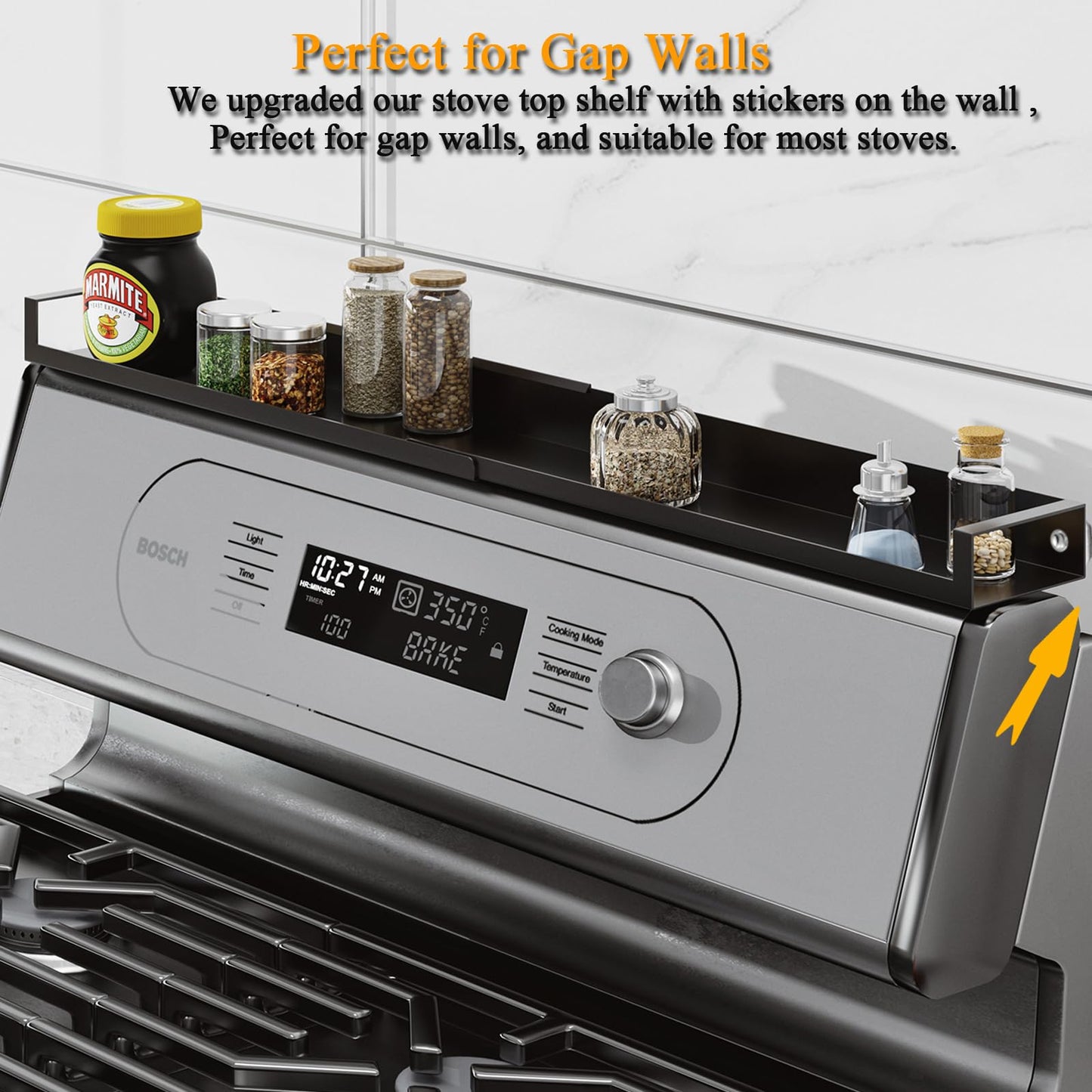 VANGAYH Magnetic Shelf for Stove Top, Adjustable 15"-30" Stove Top Shelf Kitchen Magnetic Spice Rack Organizer Storage, Stainless Steel, Metallic Black