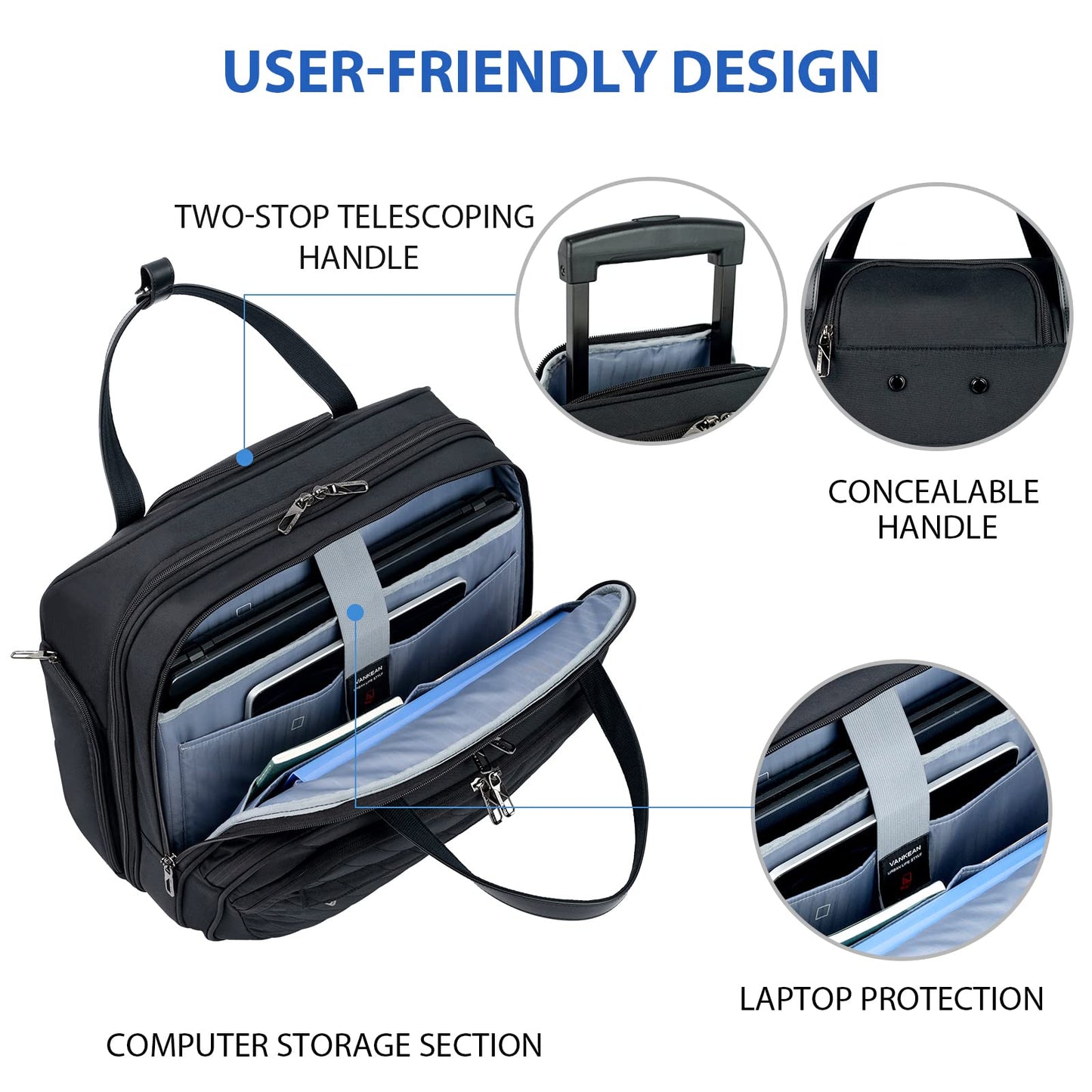 VANKEAN Rolling Laptop Bag Women with Wheels, 15.6 Inch Rolling Briefcase for Women, Water Repellent Overnight Rolling Computer Bag with RFID Pockets for Travel Business Work, Black