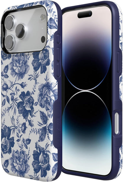 Casely iPhone 17 Pro Max Case | Rose to Fame | Blue & White Rose Floral | Compatible with MagSafe | Bold Protective Design