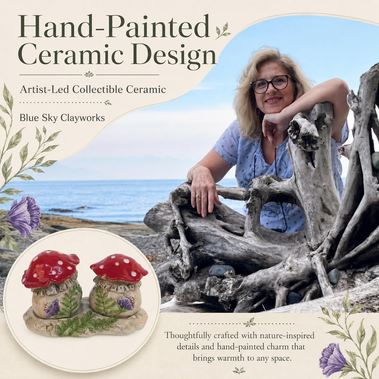 Blue Sky Clayworks Flourishing Mushroom Salt and Pepper Set with Delecate Violet Floral Accents