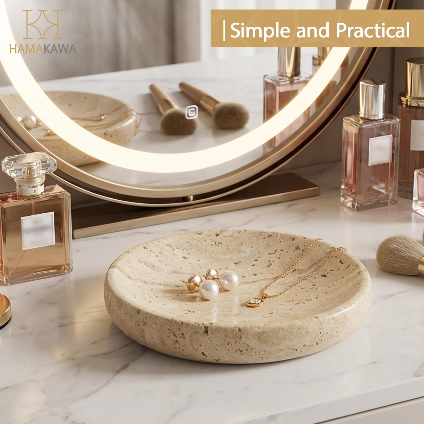 HAMAKAWA Turkish Natural Marble Jewelry Dish, Round Ring Dish 5.5 inch, Beige Trinket Tray, Travertine Bathroom Soap Holder, Decorative Stone Dish for Earrings, Ideal Gift for Women