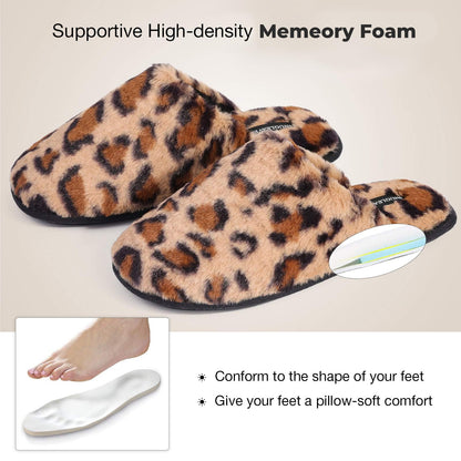 Snug Leaves Women's Fuzzy Scuff Slippers Soft Comfy Memory Foam Non-slip Indoor House Shoes (Cheetah Brown, Size 7-8)