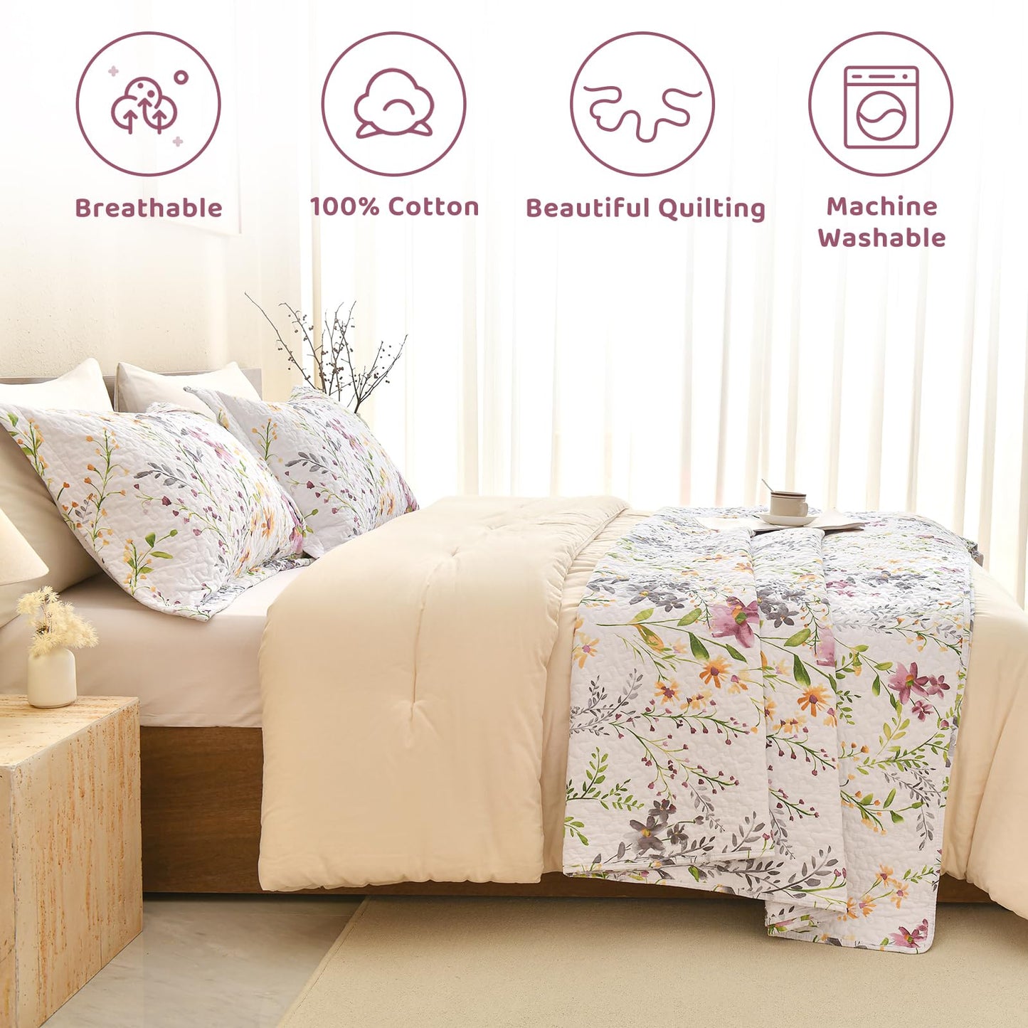 Sanracie 100% Cotton Quilt Queen Size(90"x98")-Floral Quilted Bedspreads Set,3pcs Yellow Wild Flower Botanical Printed Pattern Quilt Bedding Coverlet Summer Soft Lightweight Aesthetic Bedding