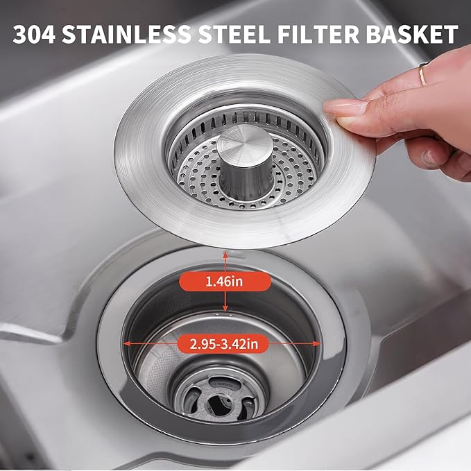 2 Pack – 3-in-1 Kitchen Sink Drain Strainer Stopper, 304 Stainless Steel Pop Up