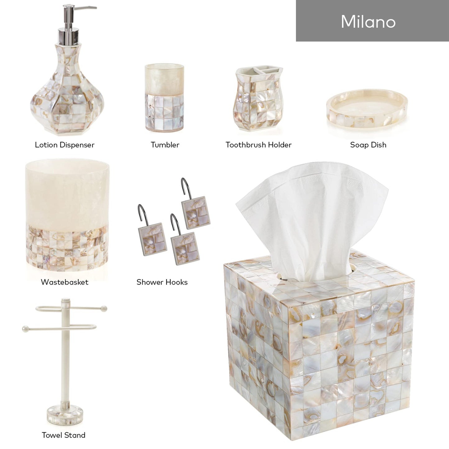 Milano Tissue Box Cover Square – Decorative Tissue Holder for Bathroom - Beautiful Natural Mother of Pearl Capiz Shells Tissue Box Holder - Cube Tissue Box Cover with Durable Bottom Slider