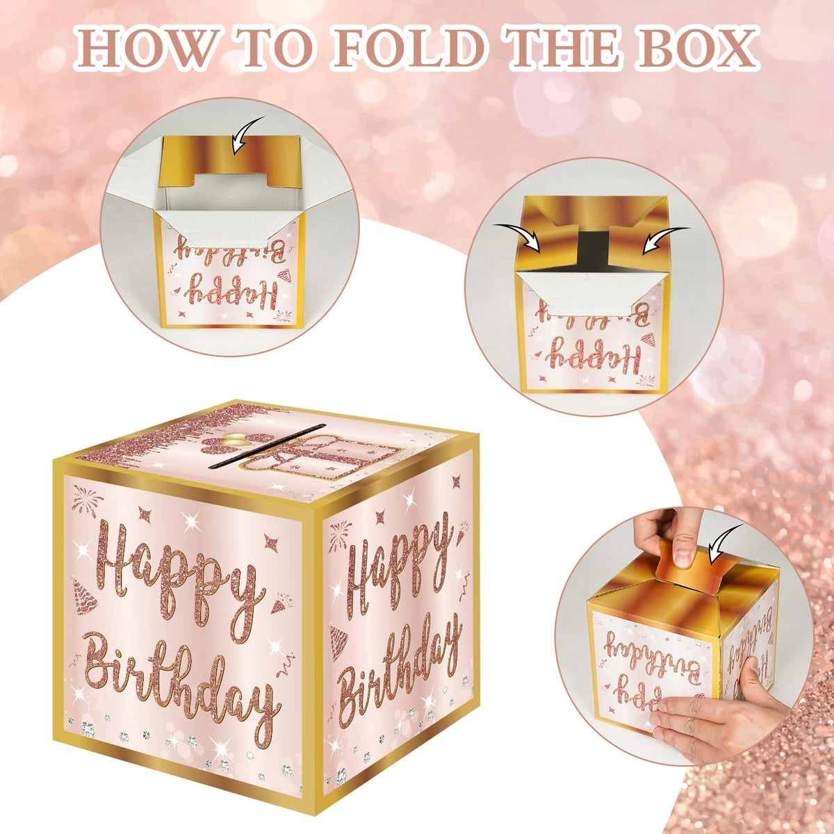 Turypaty Happy Birthday Money Gift Box with DIY Stickers for Any Age - Pink Rose Gold Surprise Birthday Party Cash Gift Box with Pull Out Card for Women Girls - A Fun Way to Present Cash as Gifts
