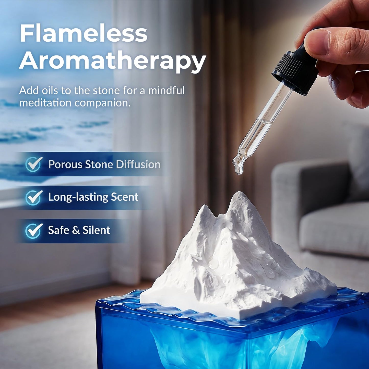 Calming Iceberg Essential Oil Stone Diffuser & Mood Lamp, Silent Flameless Aromatherapy Night Light, Minimalist Zen Decor for Stress Relief, Mindfulness & Meditation Gift (Glacier Blue)