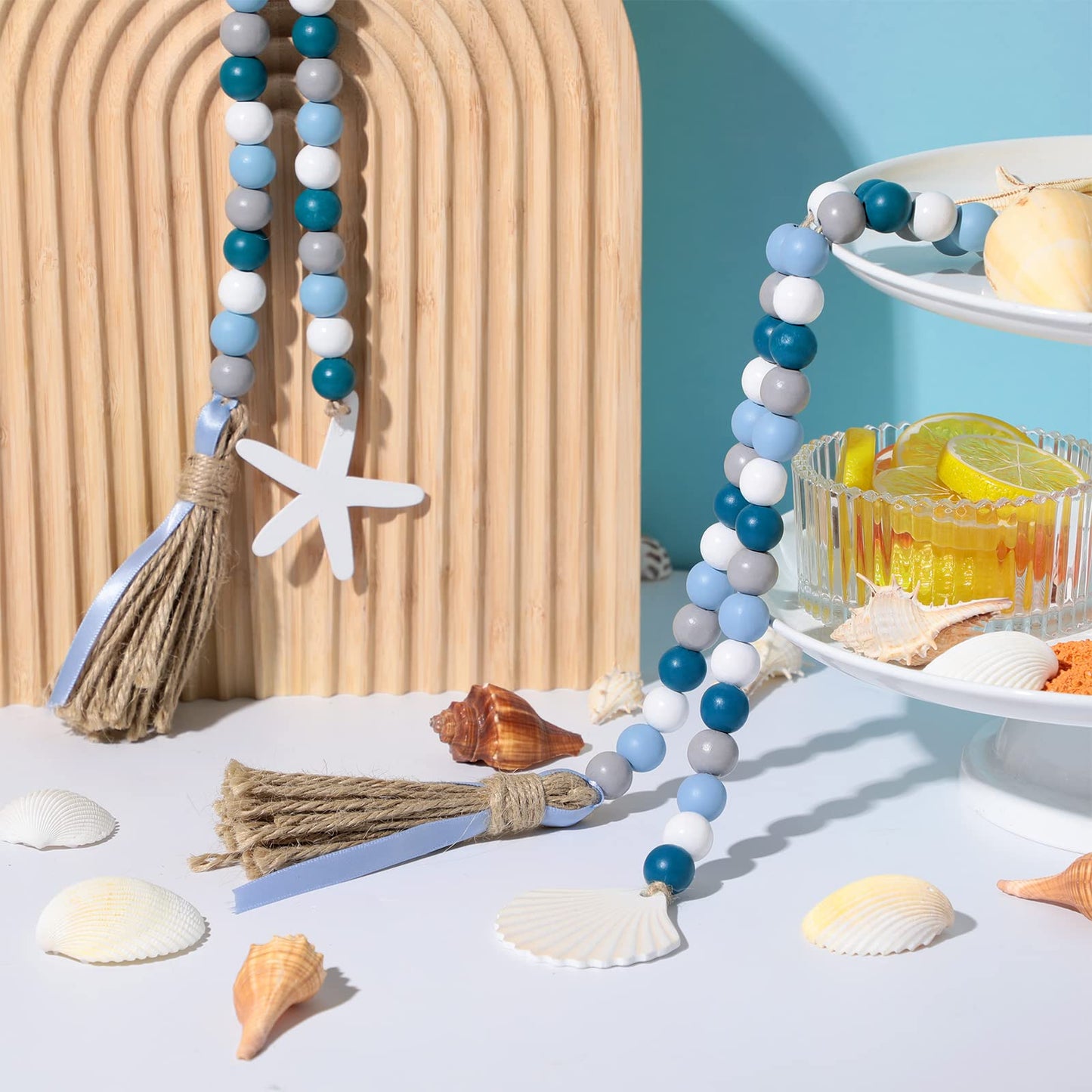 Janinka 2 Pcs Farmhouse Seashell Bead Garland with Tassels Decorative Beads Decor Nautical Farmhouse Tiered Tray Decorations Set Coastal Garland for Home and Kitchen, Wooden Beads(White)