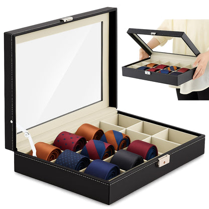 AceOrbit Luxury Tie Display Case with Glass Lid – 15 Slot Organizer for Men's Ties & Accessories, Lockable Dresser Storage Box, Elegant Gift for Husband or Father