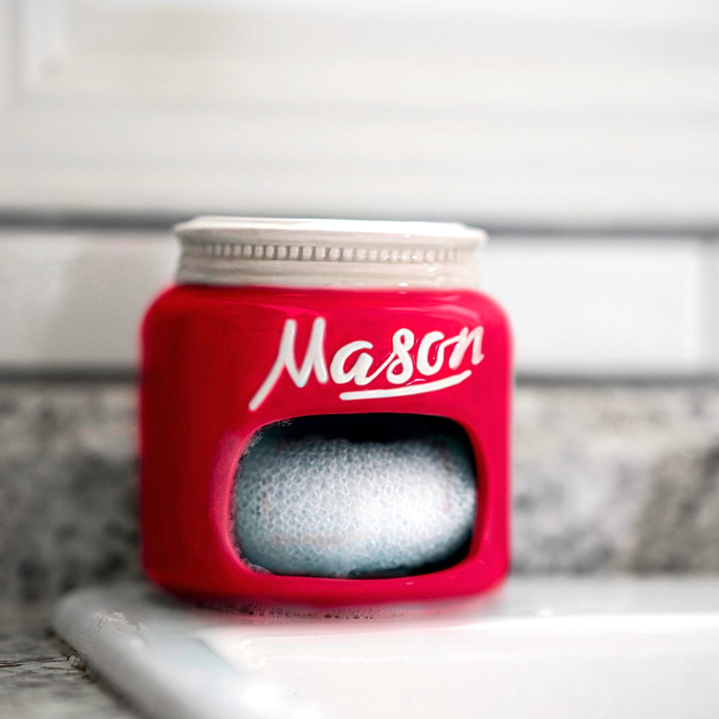 Farmhouse Canisters Sets for the Kitchen - Mason Jar Ceramic Kitchen Utensil Holder, Spoon Rest, Cute Cookie Jar, Salt & Pepper Shaker Sets, Sponge Holder, Measuring Cups & Spoons (Red, 17-Pc Bundle)
